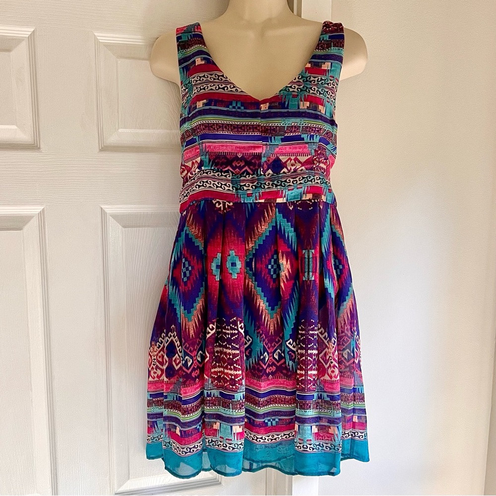 Francesca’s Colorful Southwestern Criss-Cross Back Backless Sun Dress